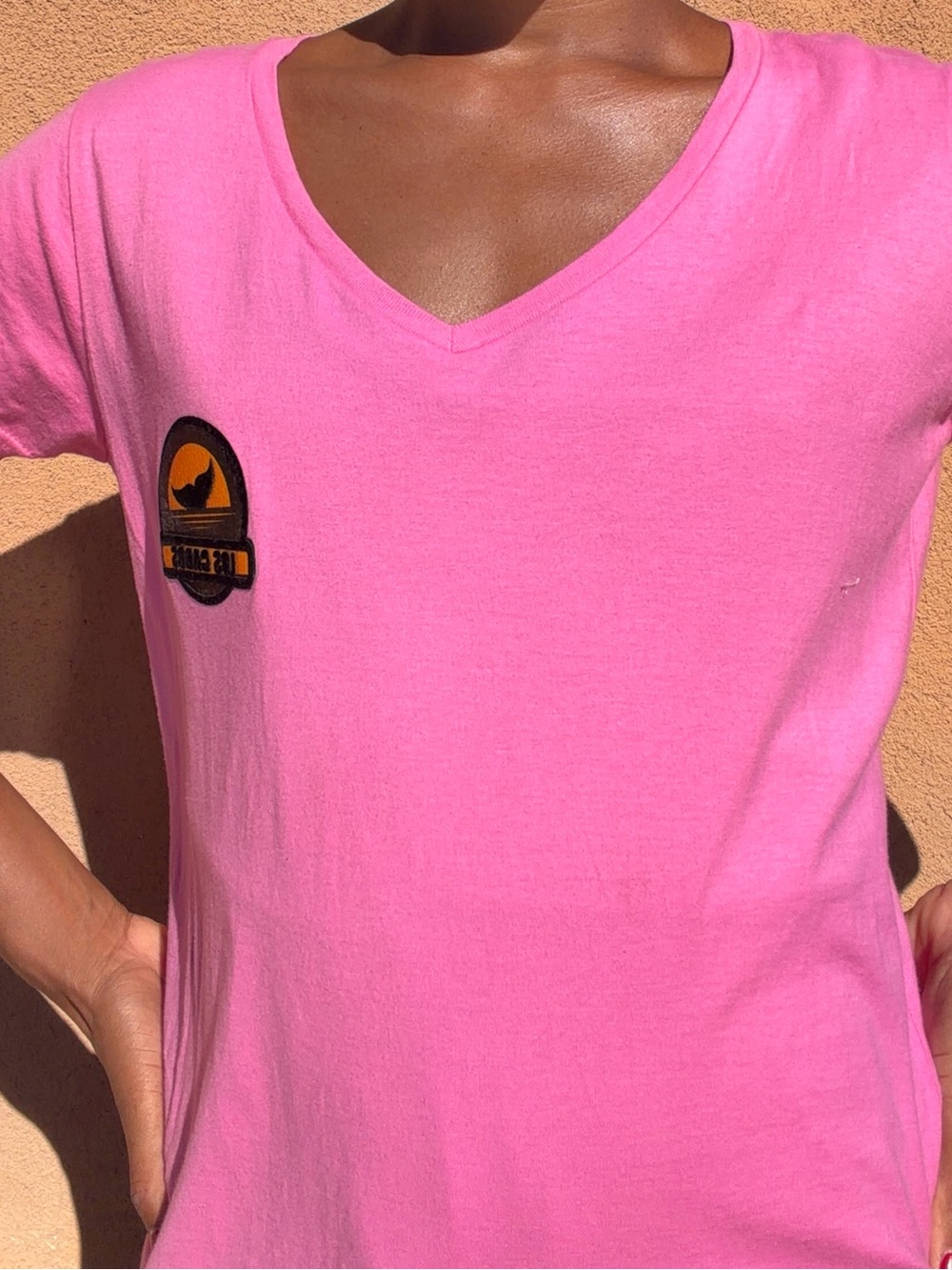 Gildan Women's V-Neck Tee in Bright Pink with Black & Gold Patch